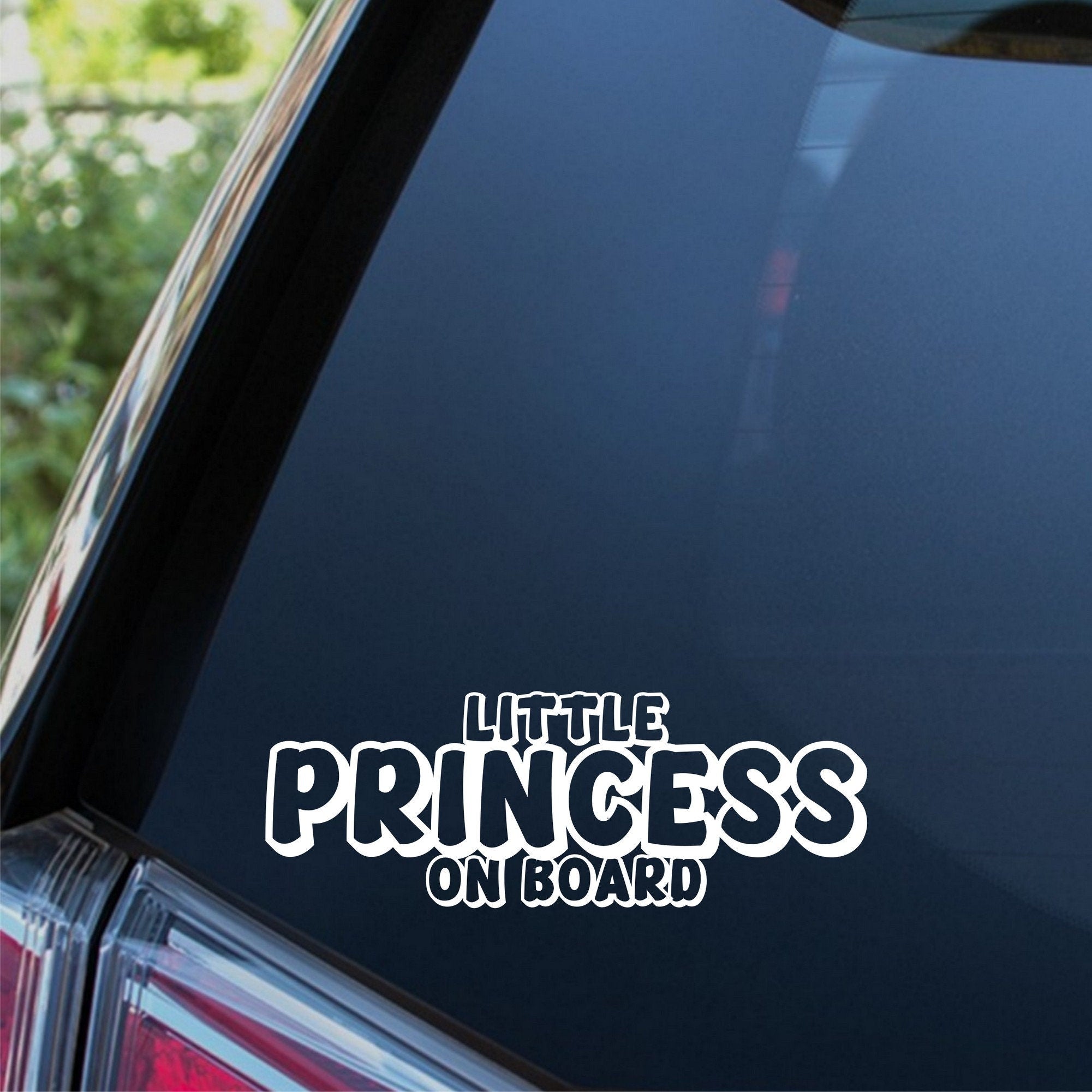 Little Princess On Board outline car sticker shown on a dark vehicle window