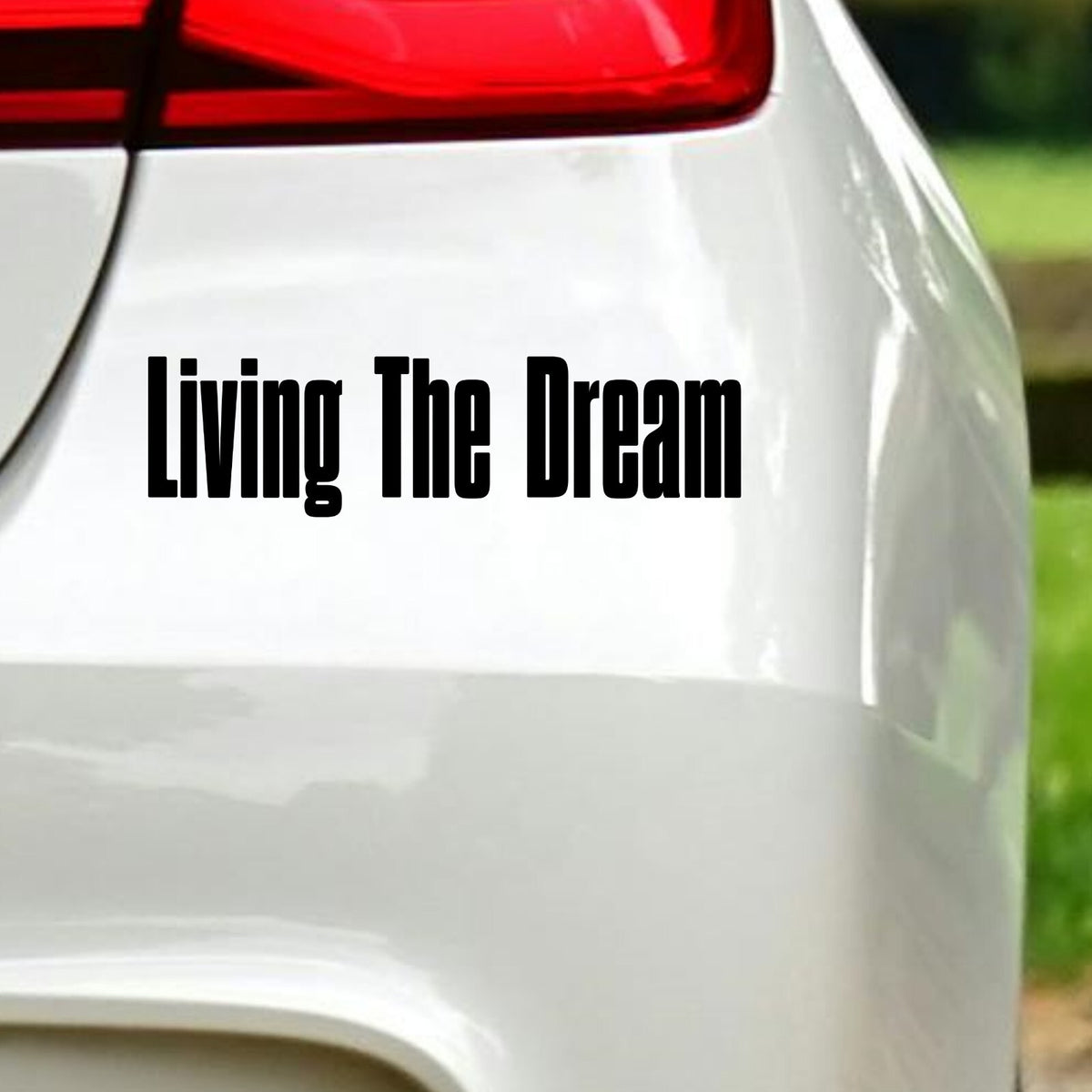 Black Living The Dream tall lettering decal below the rear light of a white car.