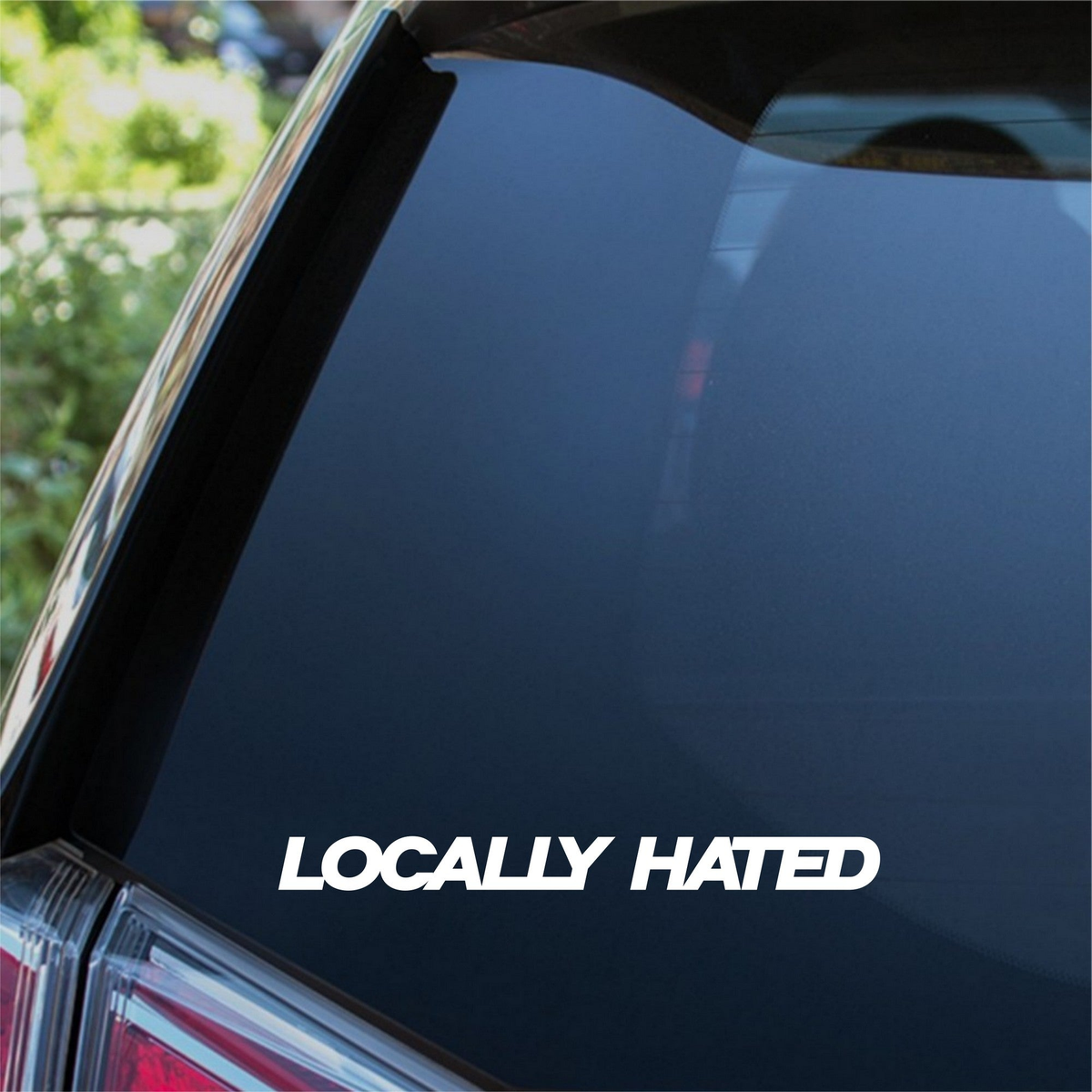White Locally Hated bold italic decal on a car rear window.