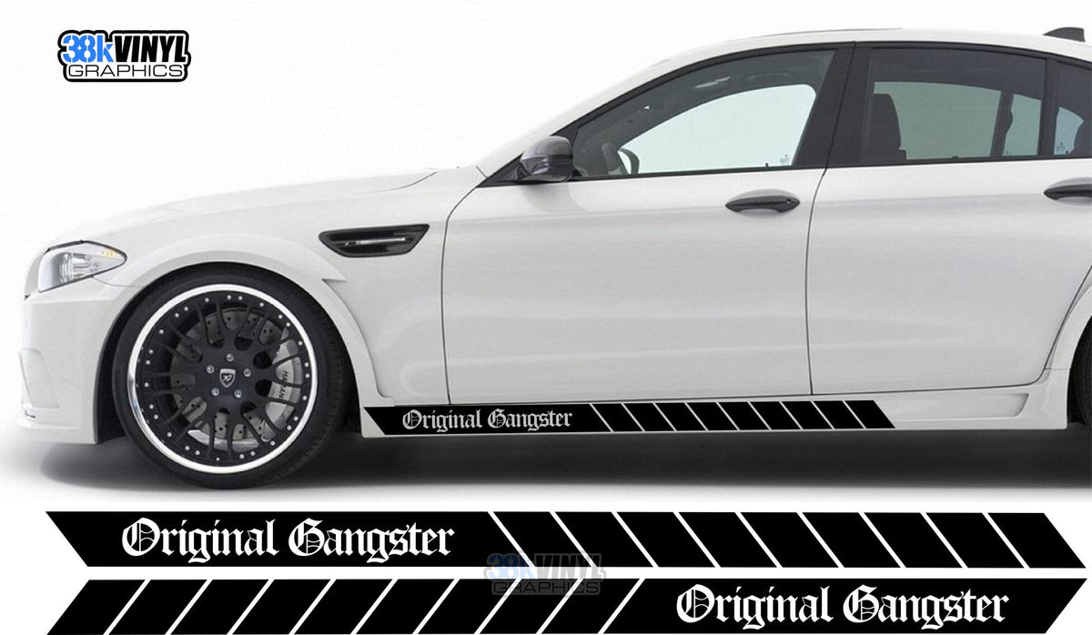 Original Gangster Car Side Stripe Stickers — product design and example placement.