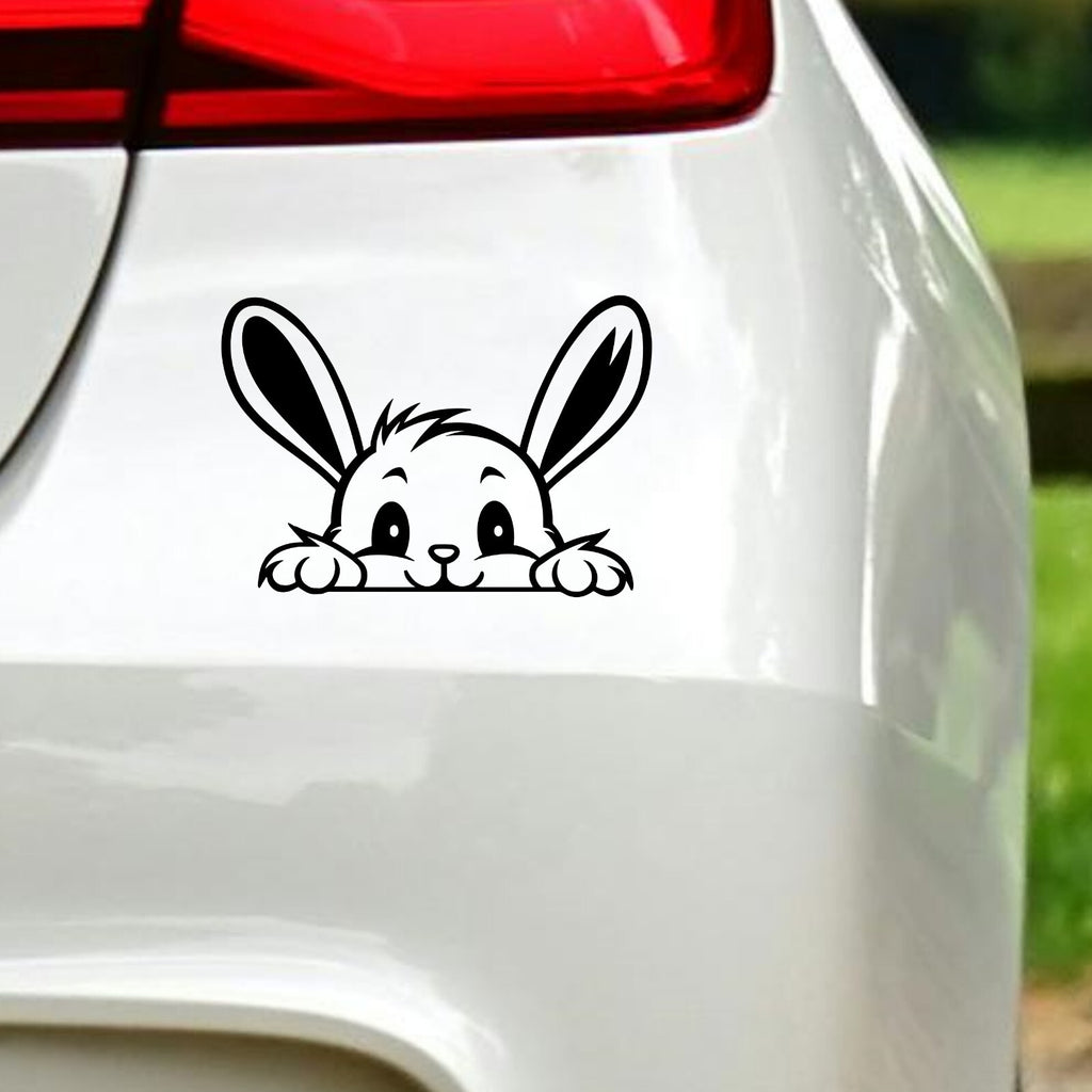 Peeking Bunny Face vinyl sticker — black decal on white vehicle bodywork.