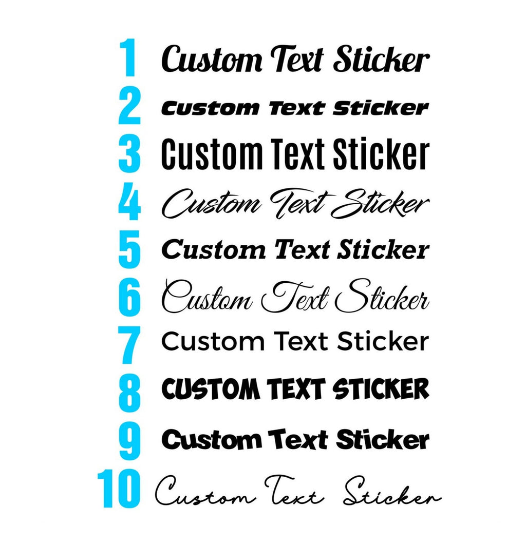 Personalised custom text car sticker showing 20 font choices