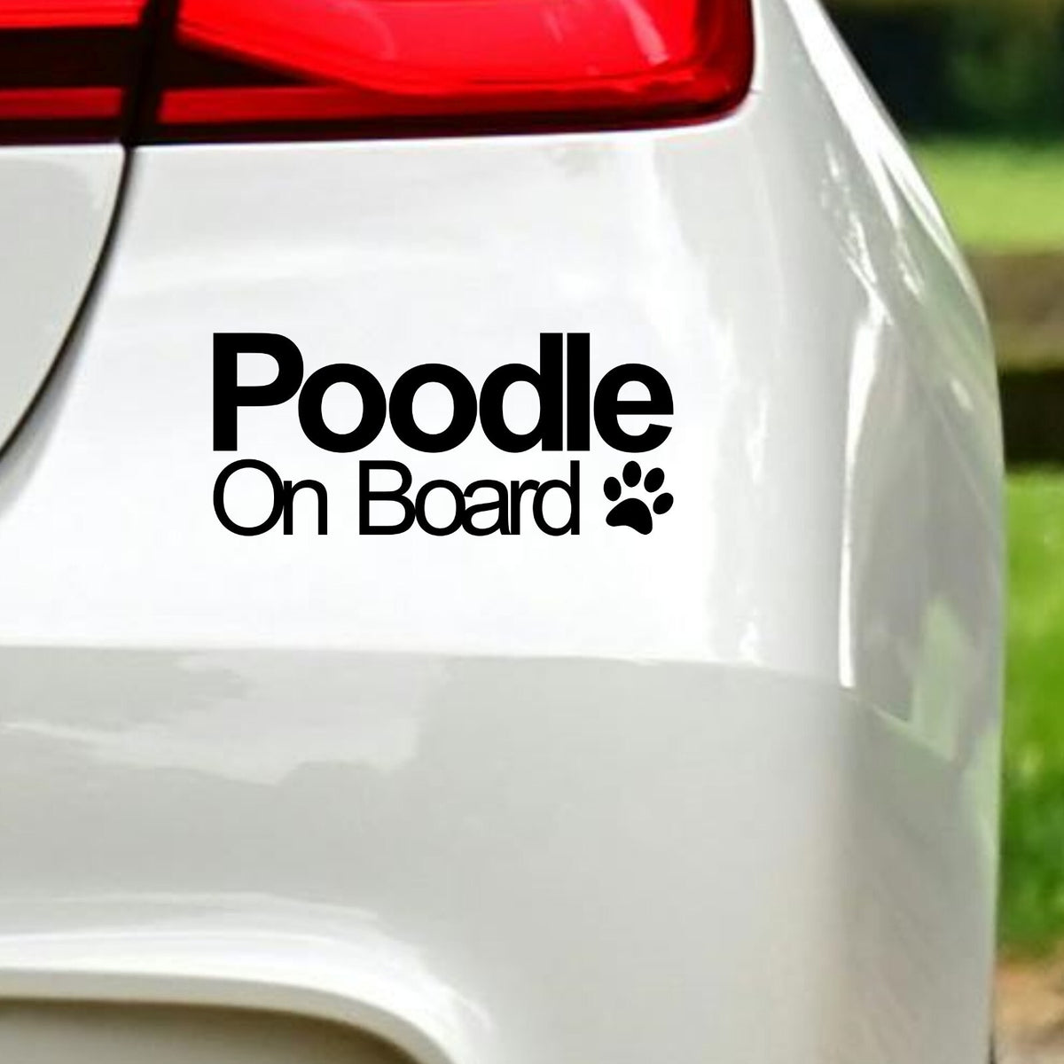 Black Poodle On Board decal below the rear light of a white car.