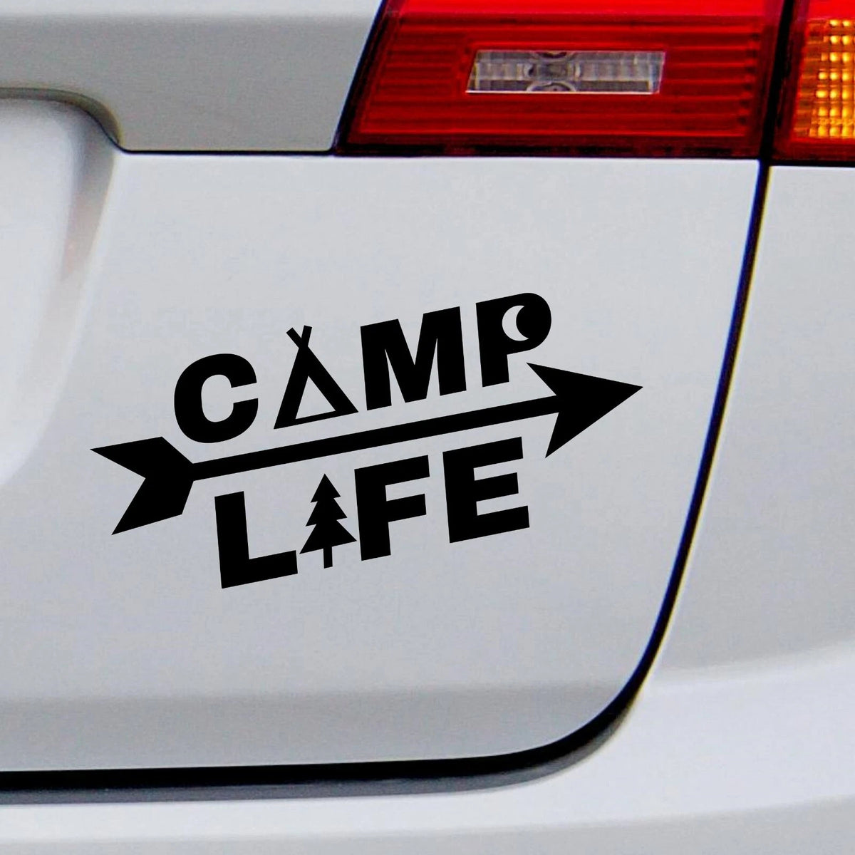 Camp Life Arrow vinyl car sticker shown fitted to a white vehicle.