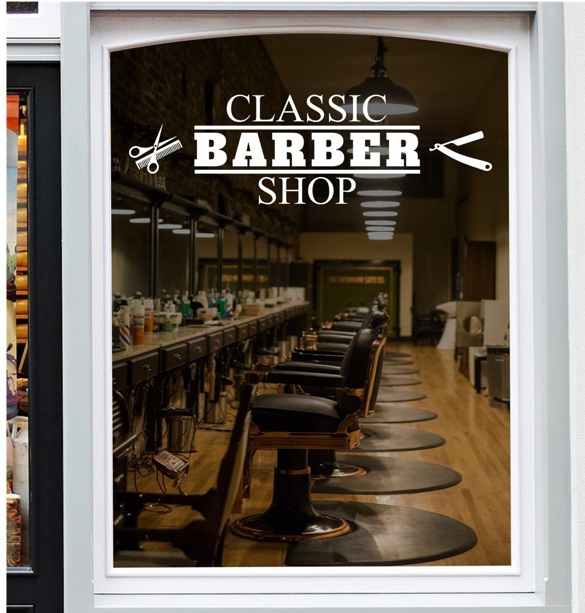 Classic Barber Shop Window Sticker shown on a shop window