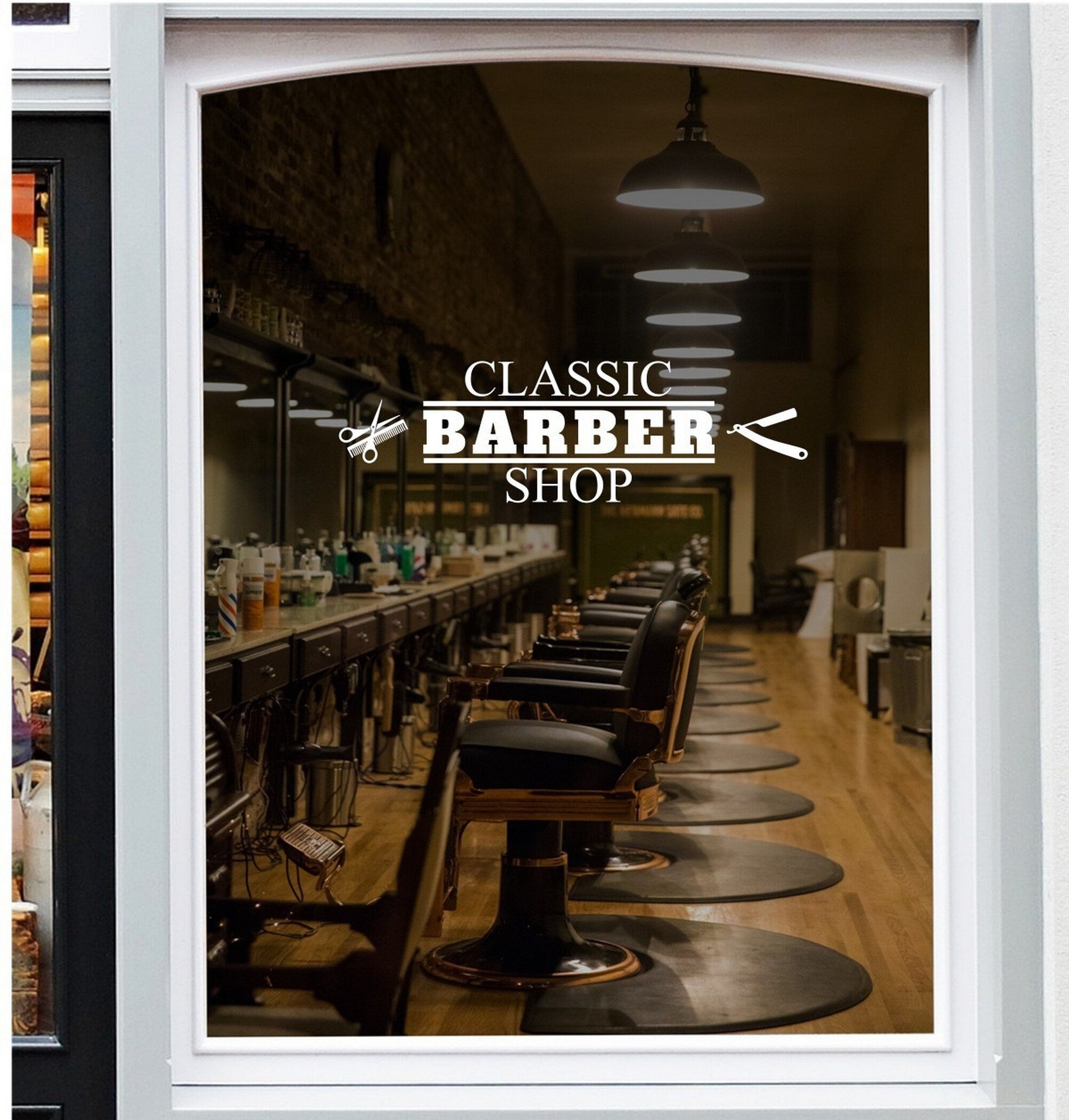 Classic Barber Shop Window Sticker design on a white background