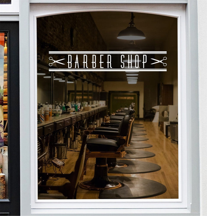 Modern Barber Shop Window Sticker displayed on a window