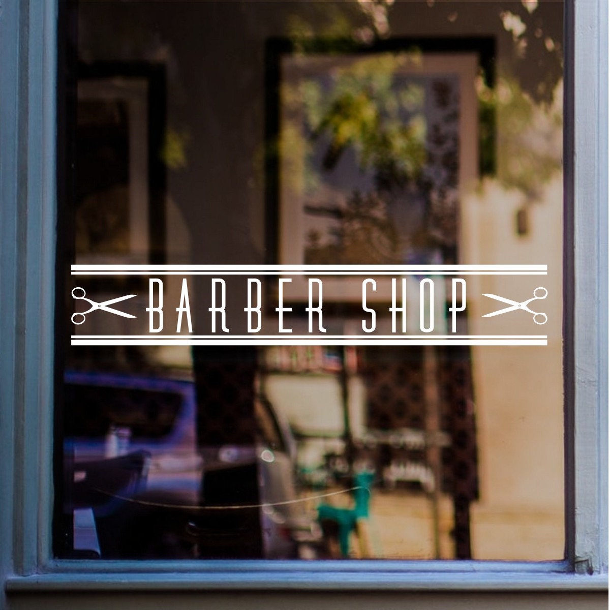 Modern Barber Shop Window Sticker design on a white background