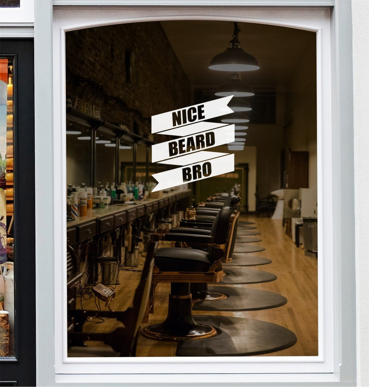 White Nice Beard Bro ribbon lettering centred on a barbershop window.