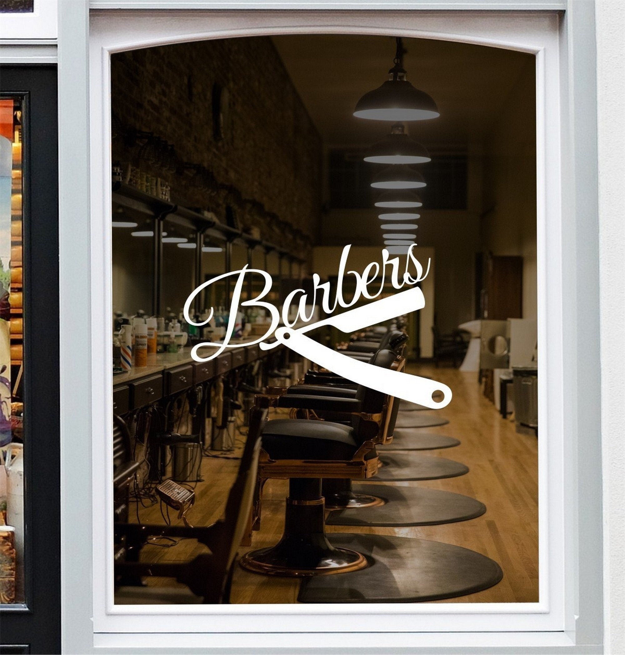 Classic Barber Shop Window Sticker displayed on a shop window