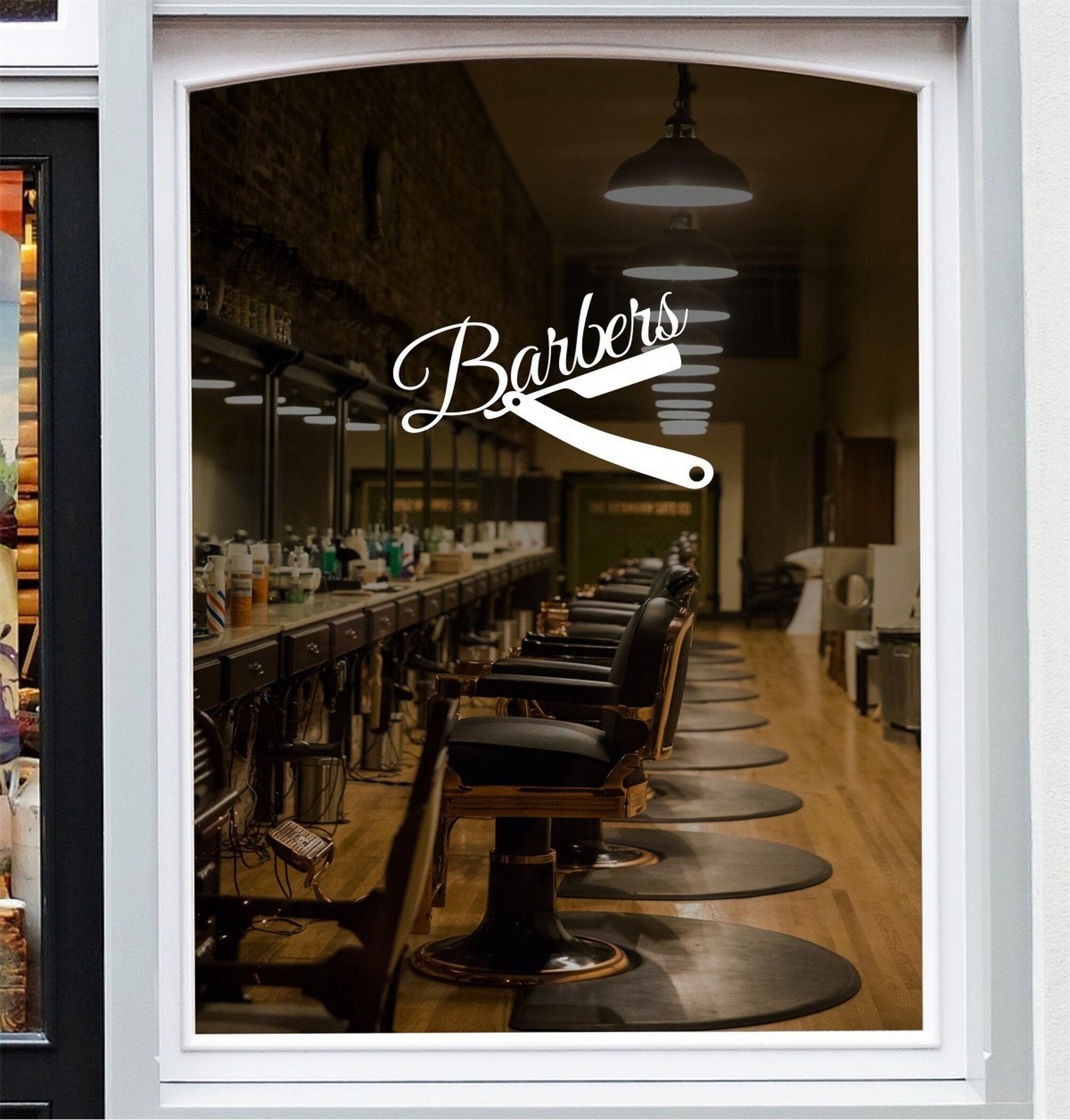 Classic Barber Shop Window Sticker design on a white background