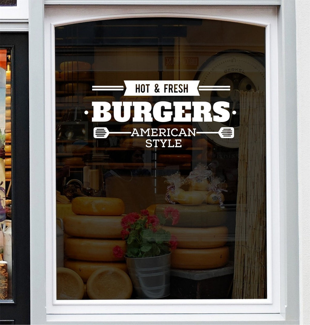 Hot & Fresh Burgers Window Sticker design on a white background