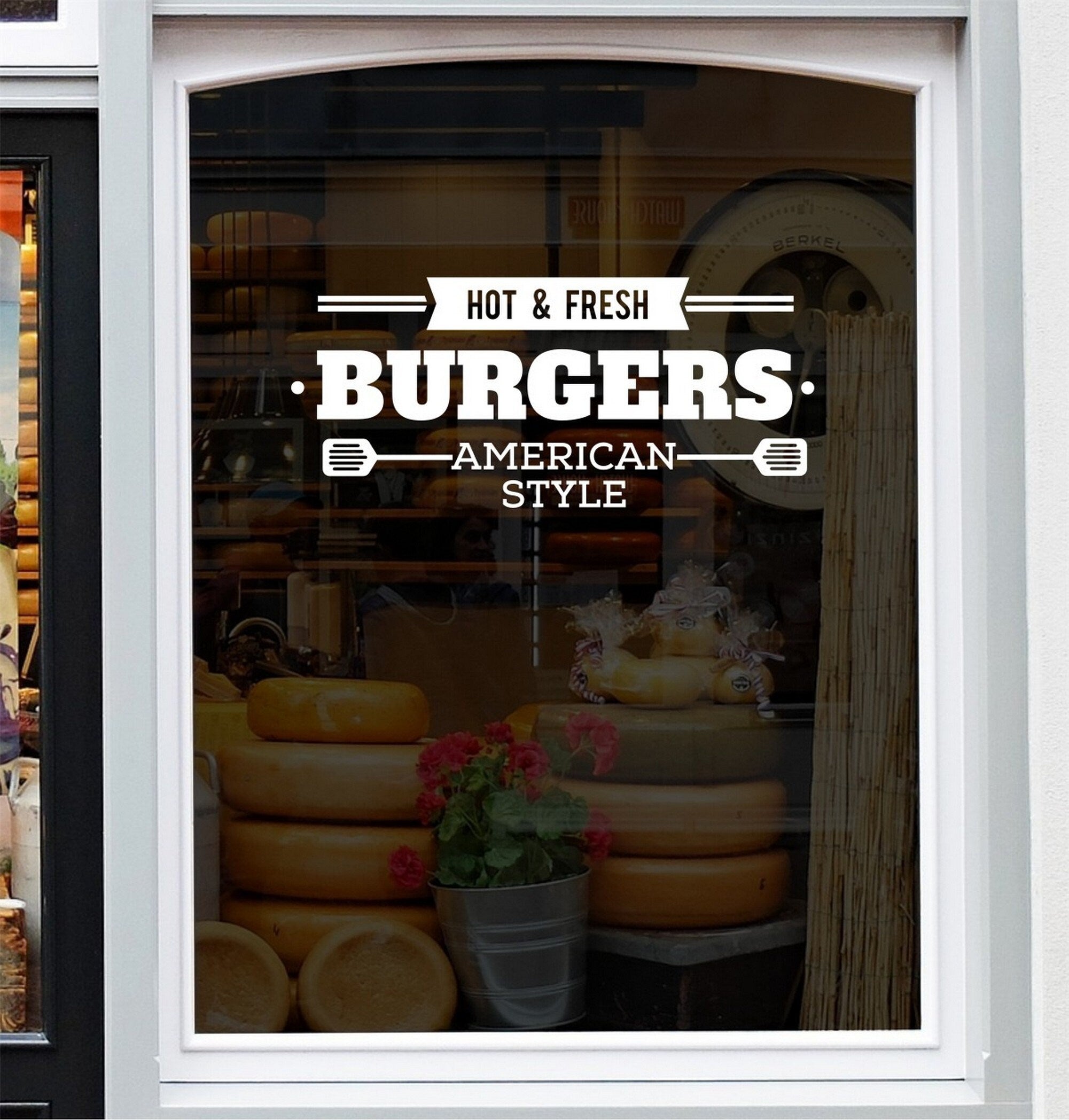 Hot & Fresh Burgers Window Sticker design on a white background