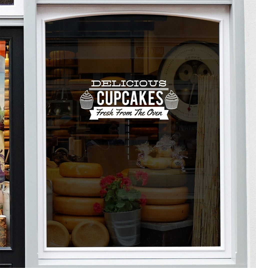 Delicious Cupcakes Bakery Window Sticker design on a white background