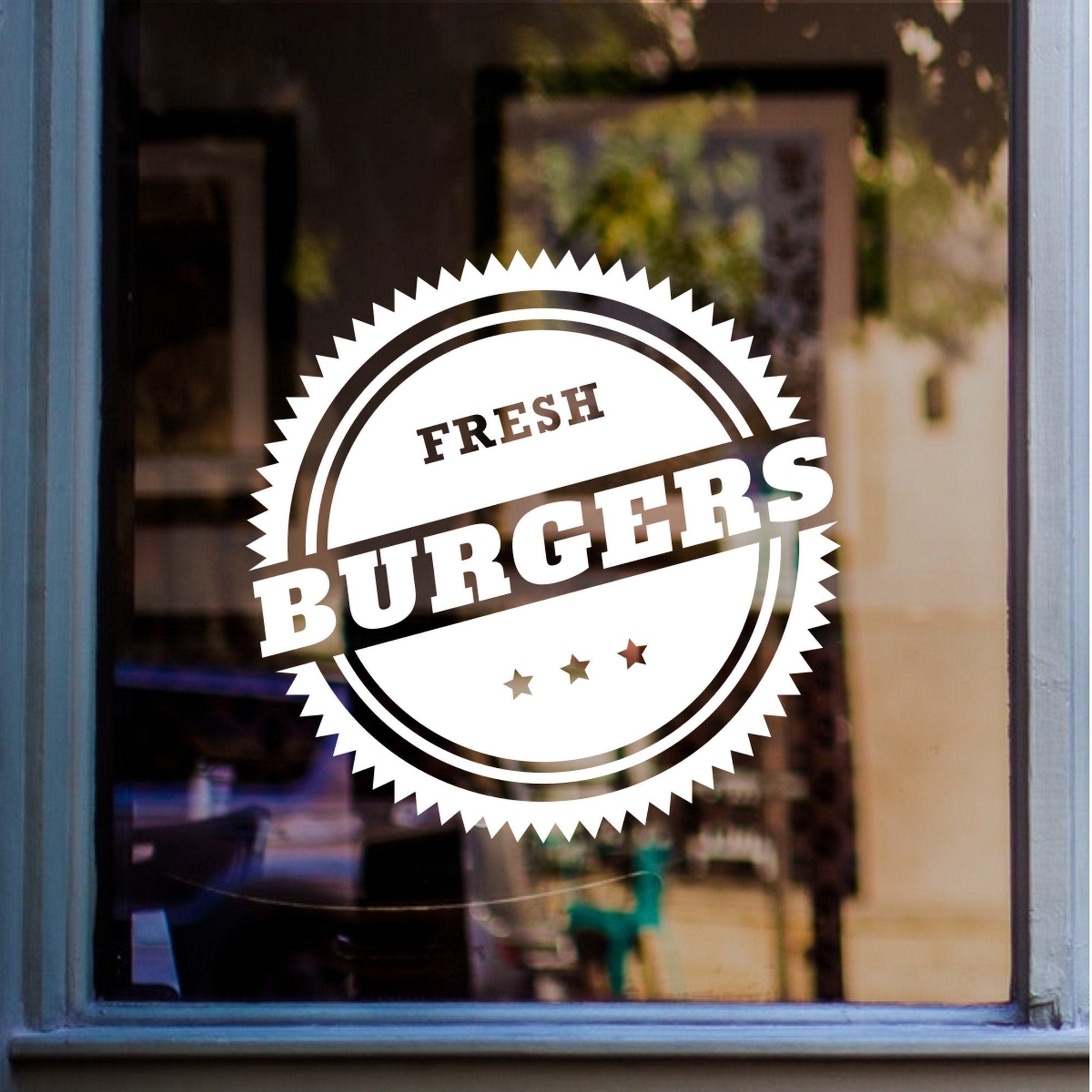 Fresh Burgers Café Window Sticker displayed on a shop window