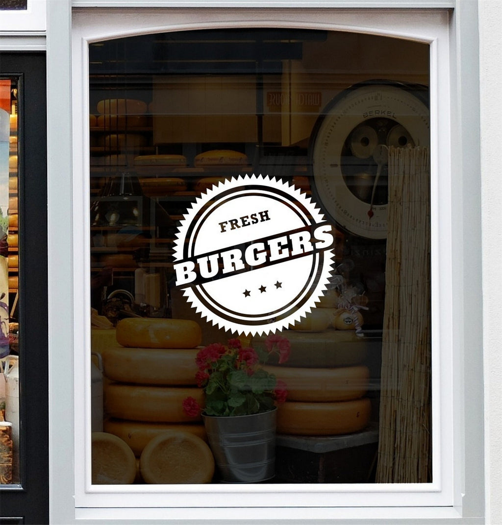 Fresh Burgers Café Window Sticker design on a white background