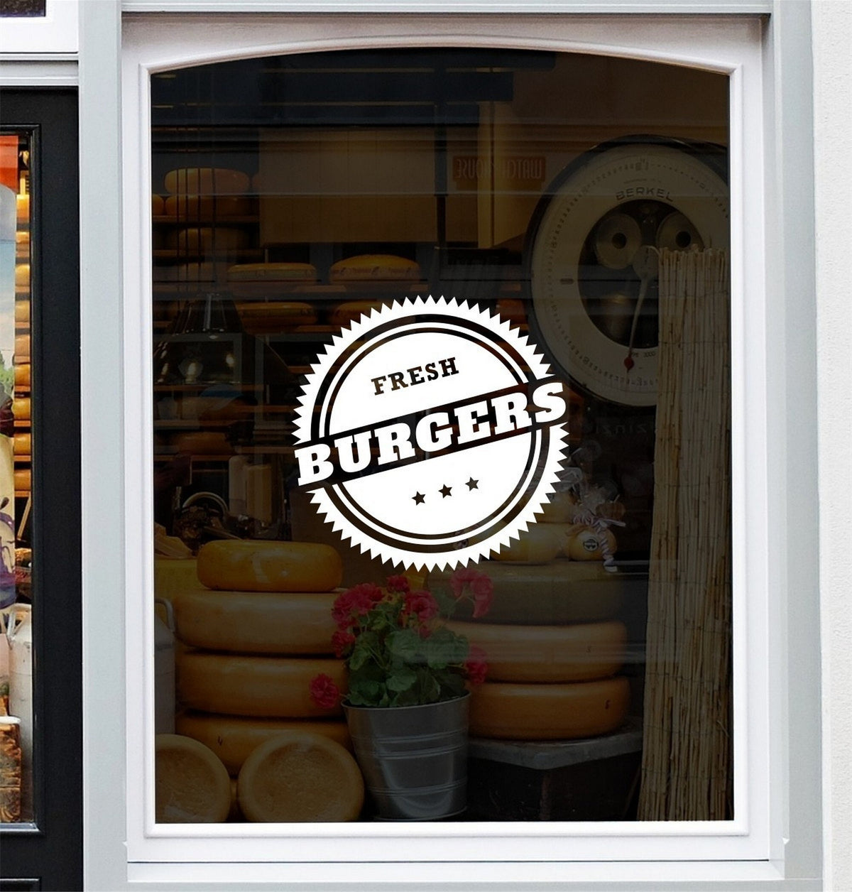 Fresh Burgers Café Window Sticker design on a white background
