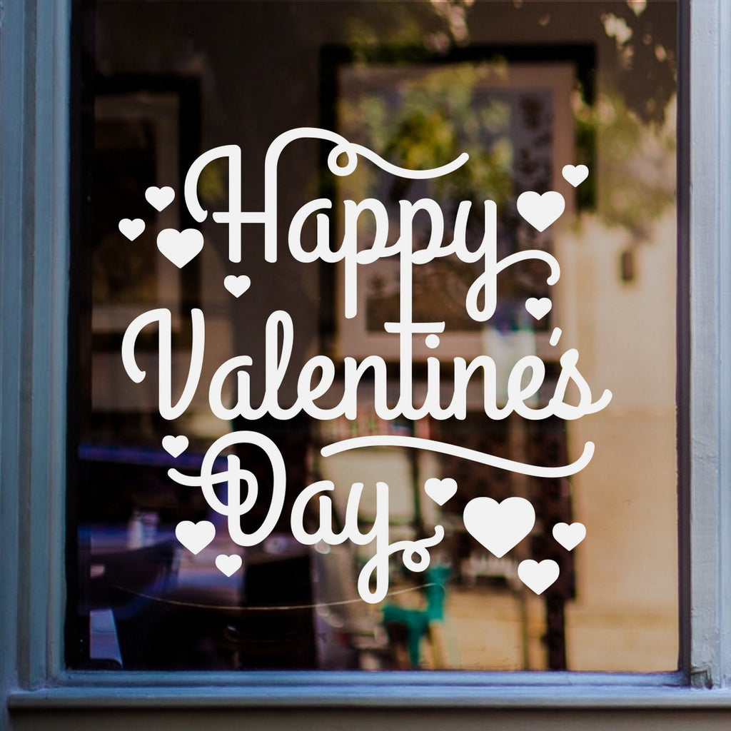 Happy Valentine’s Day Heart Window Sticker shown on a shop window