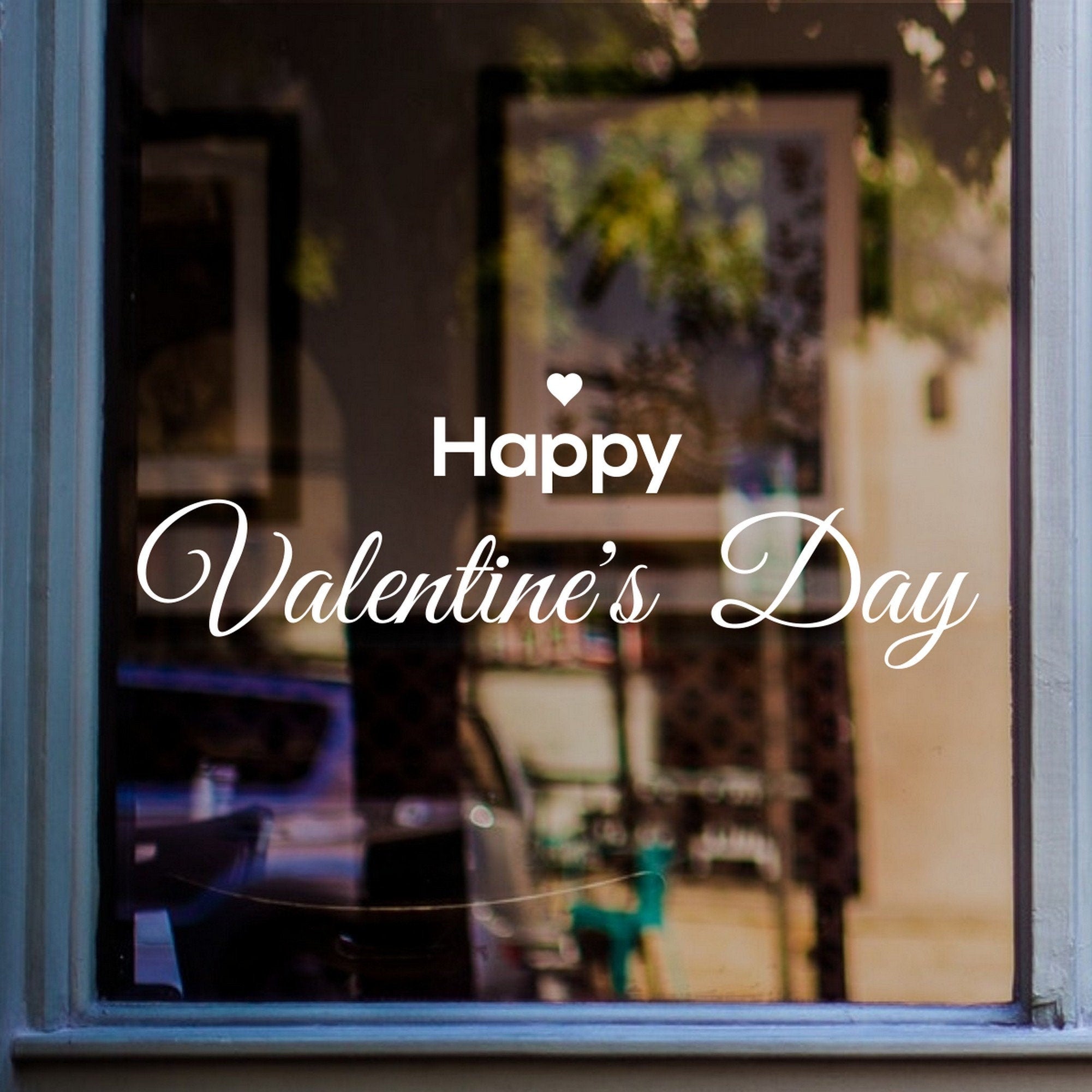 Happy Valentine’s Day Script Window Sticker shown on a shop window