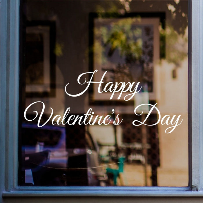 Happy Valentine’s Day Lettering Window Sticker displayed on a window