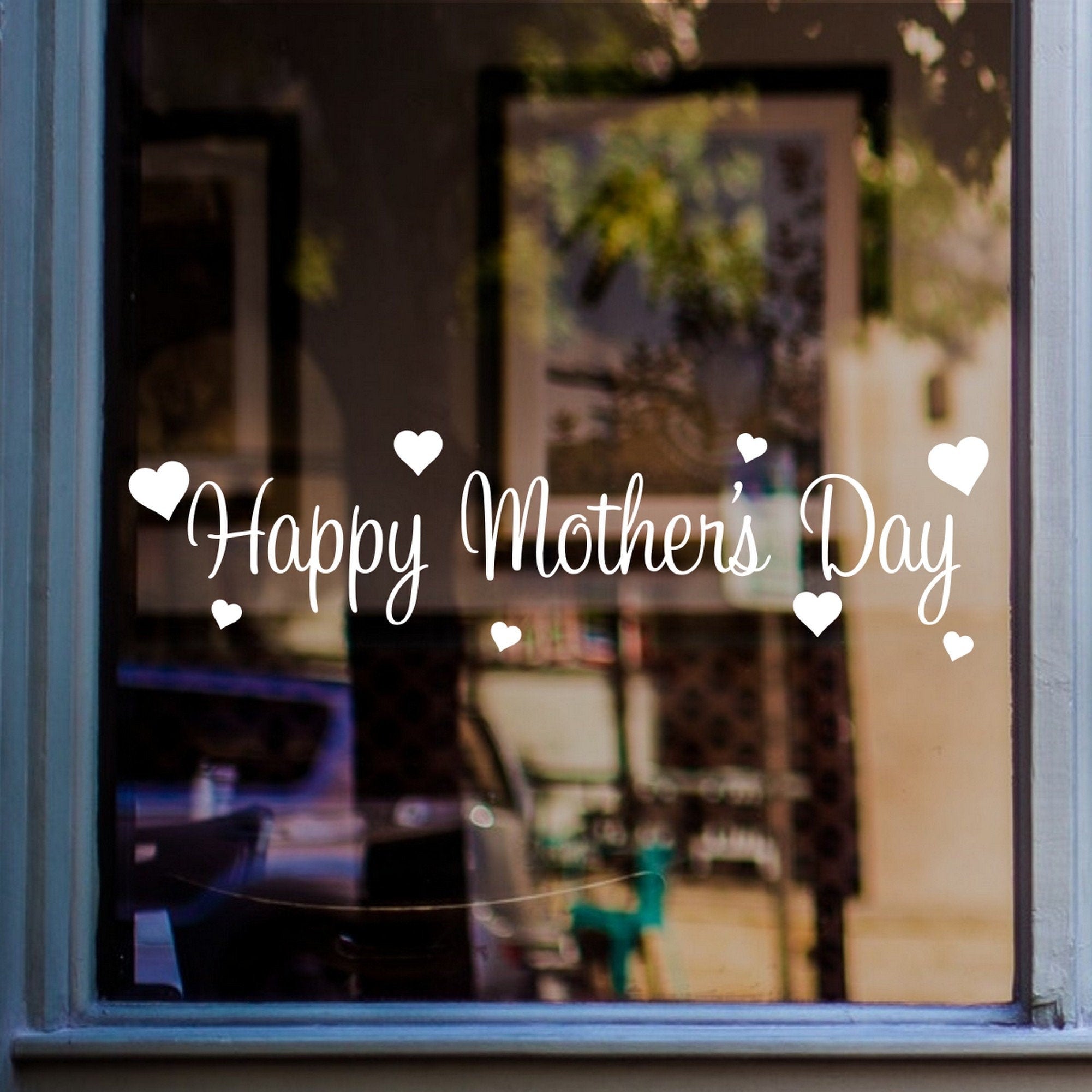 Happy Mother’s Day Script Window Sticker displayed on a shop window