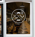 Barber Shop Window Sticker – Vintage Emblem displayed on a shop window