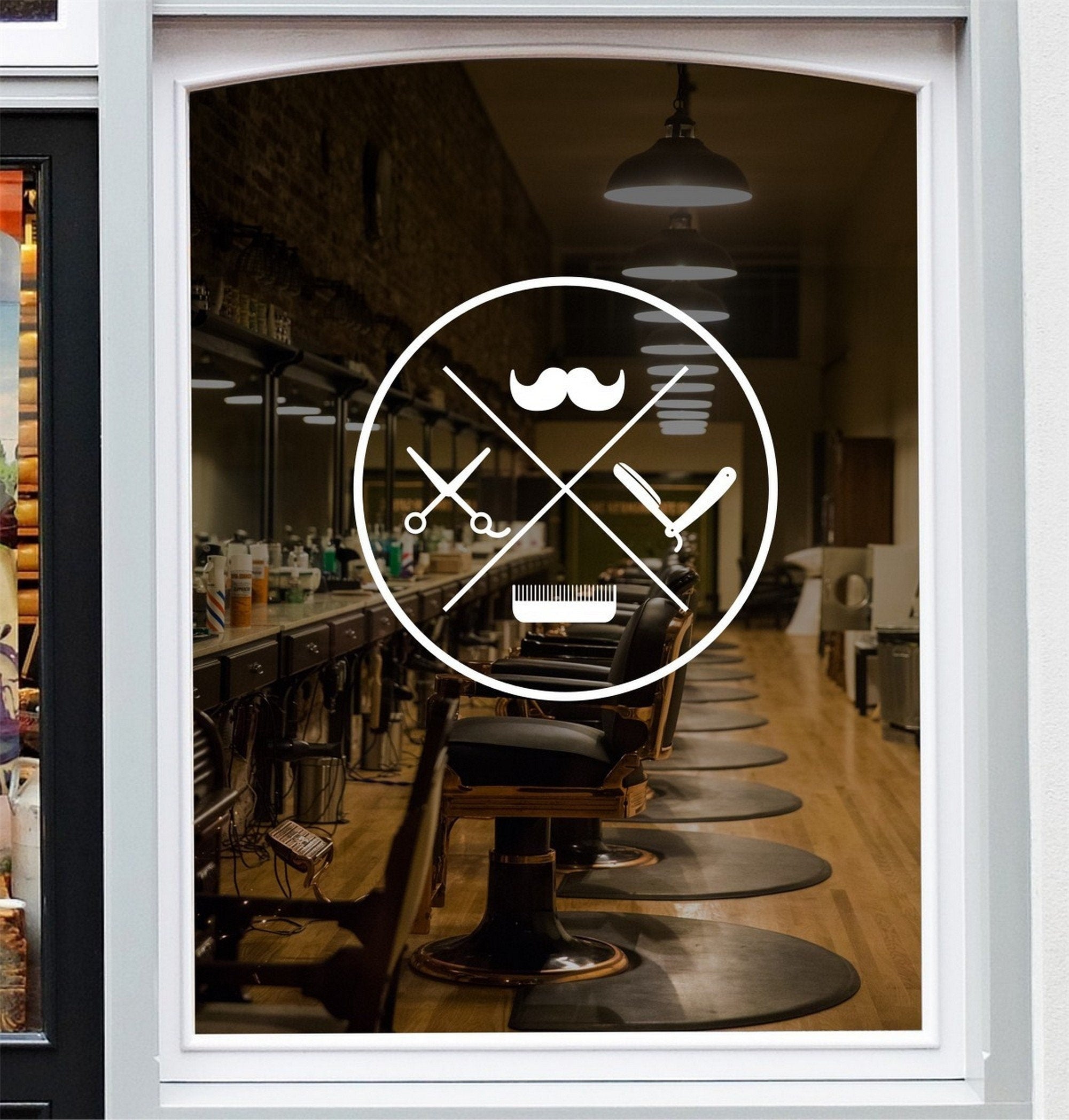 Barber Shop Window Sticker – Vintage Emblem displayed on a shop window