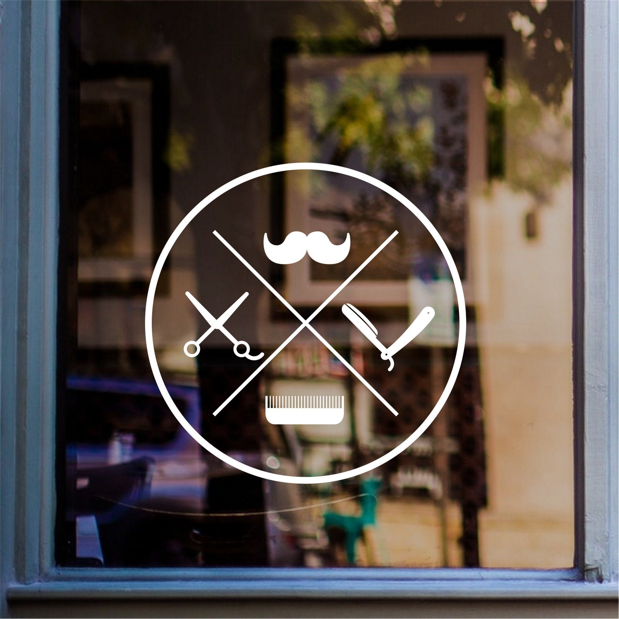 Barber Shop Window Sticker – Vintage Emblem design on a white background