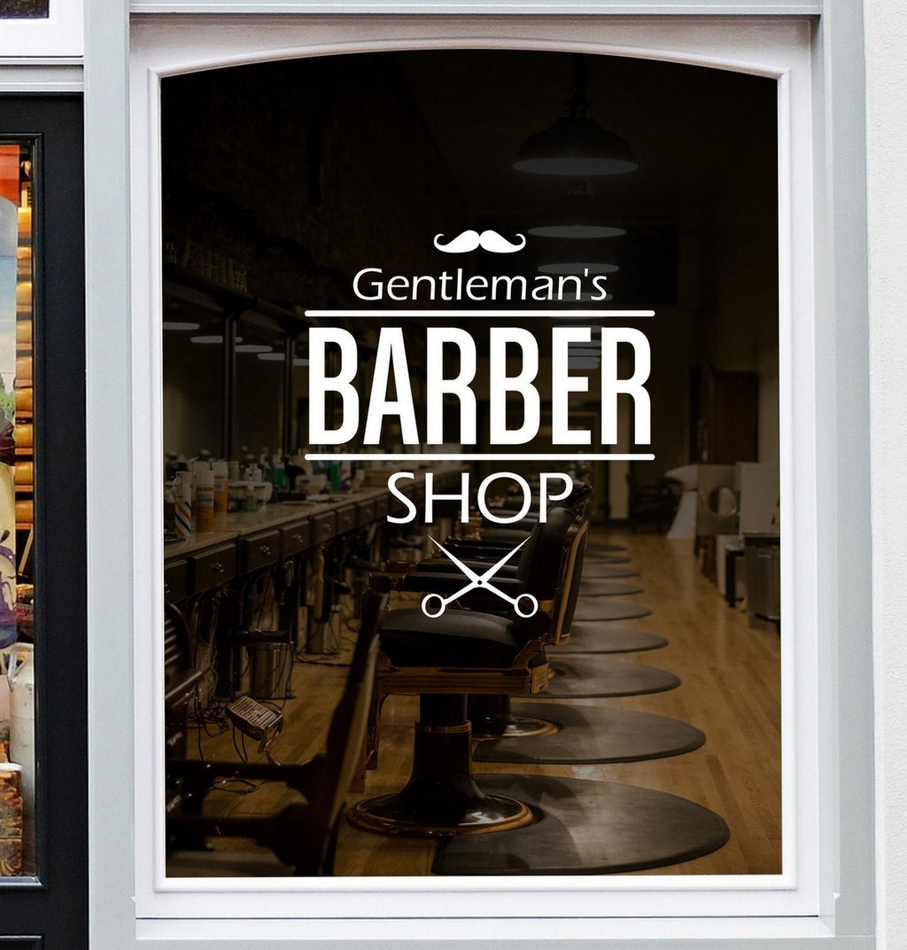 Barber Shop Badge Window Sticker shown on a shop window