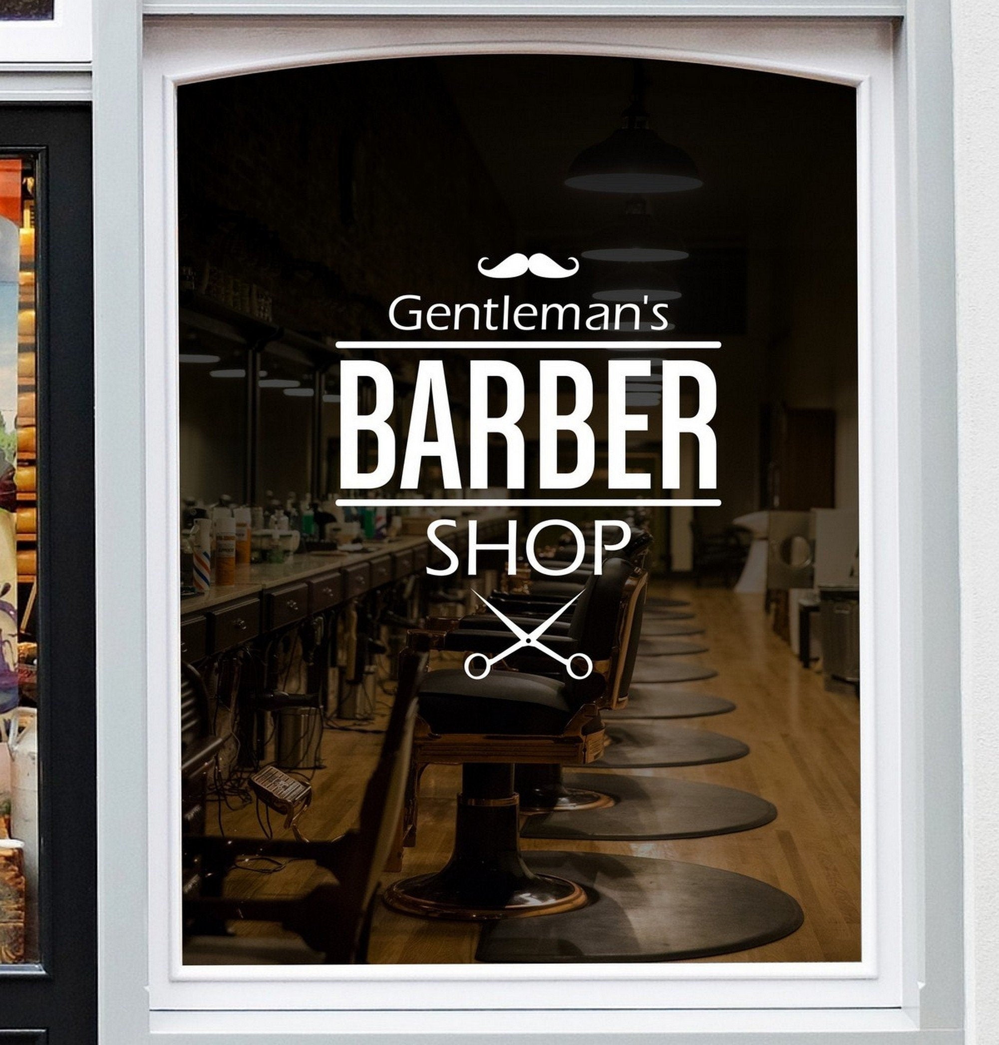 Barber Shop Badge Window Sticker shown on a shop window