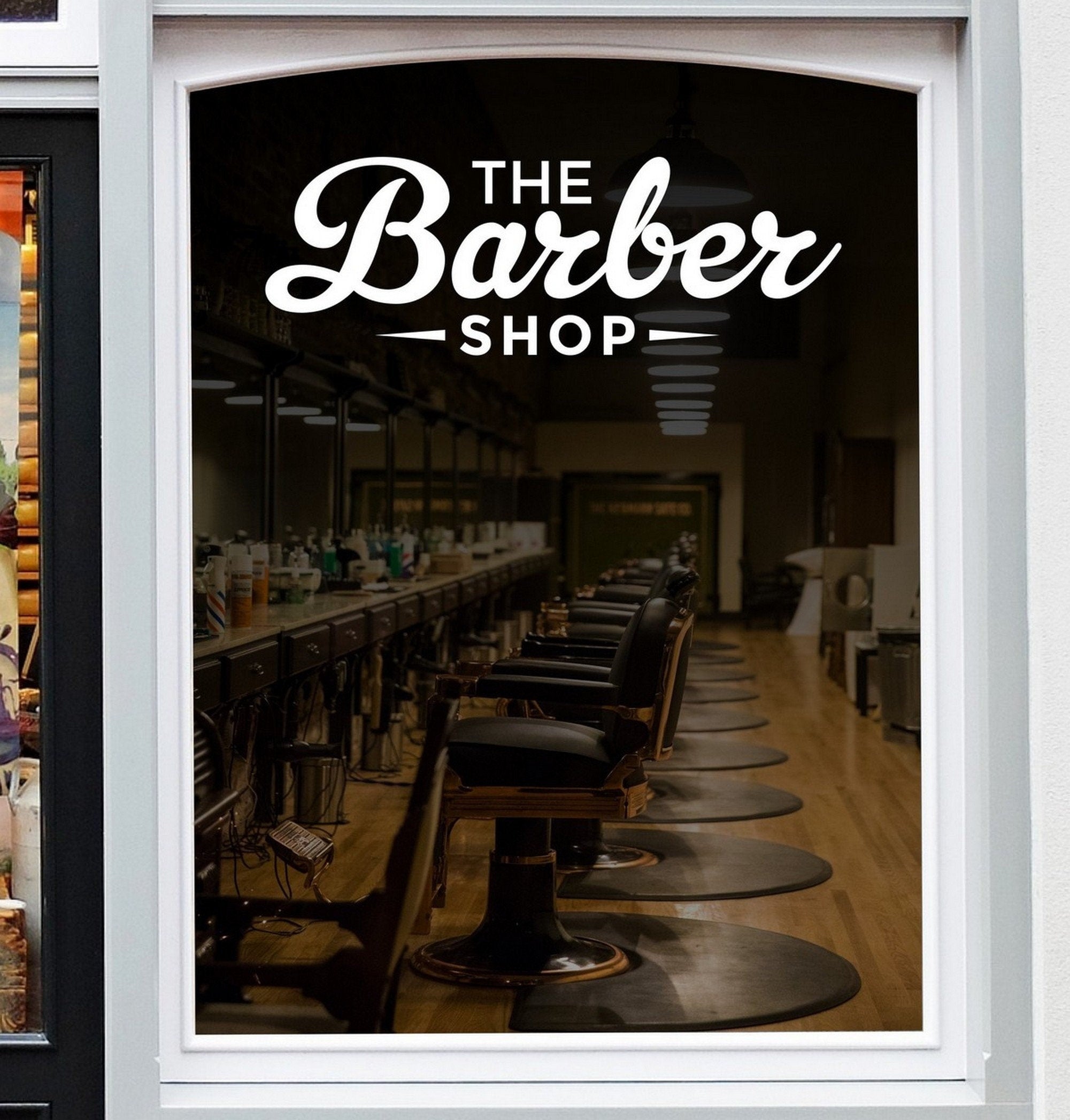 Barber Shop Window Sticker – Classic Lettering displayed on a shop window