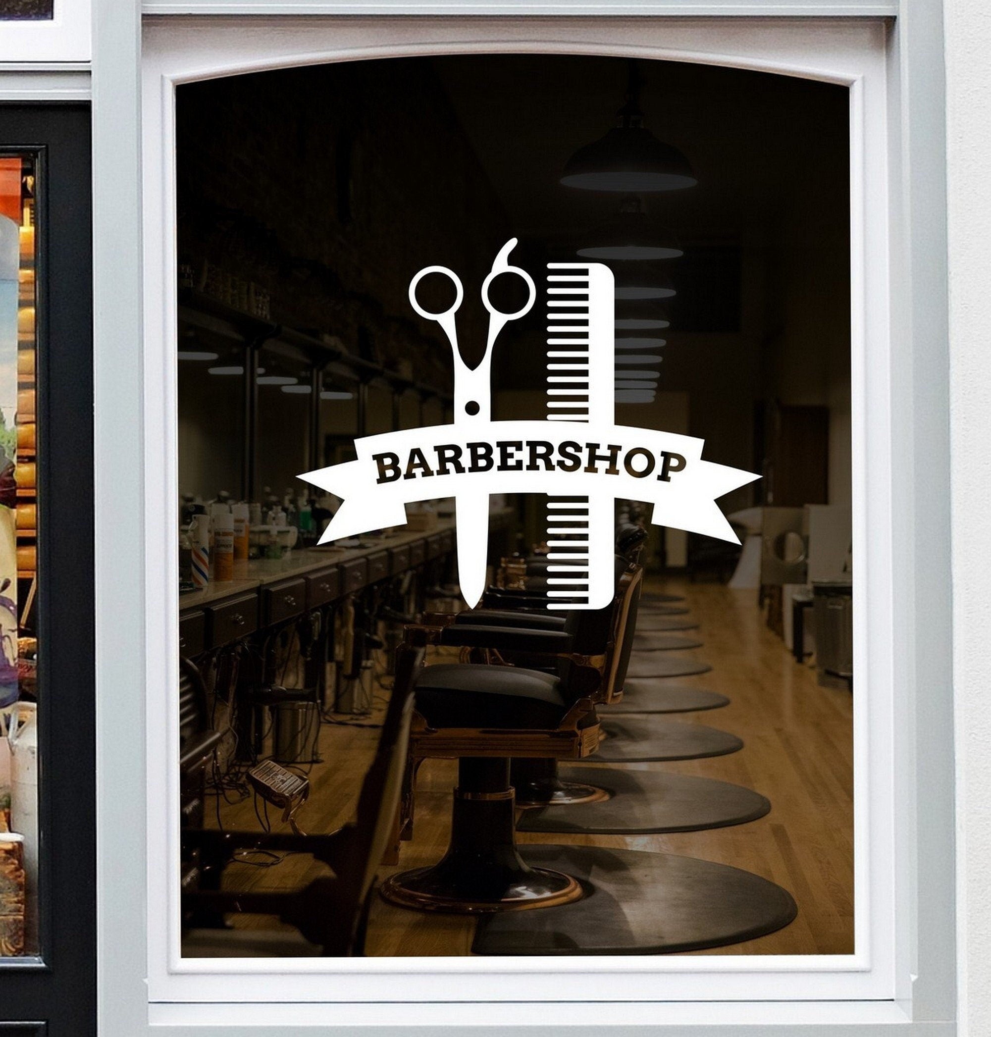 Traditional Barber Shop Window Sticker displayed on a shop window