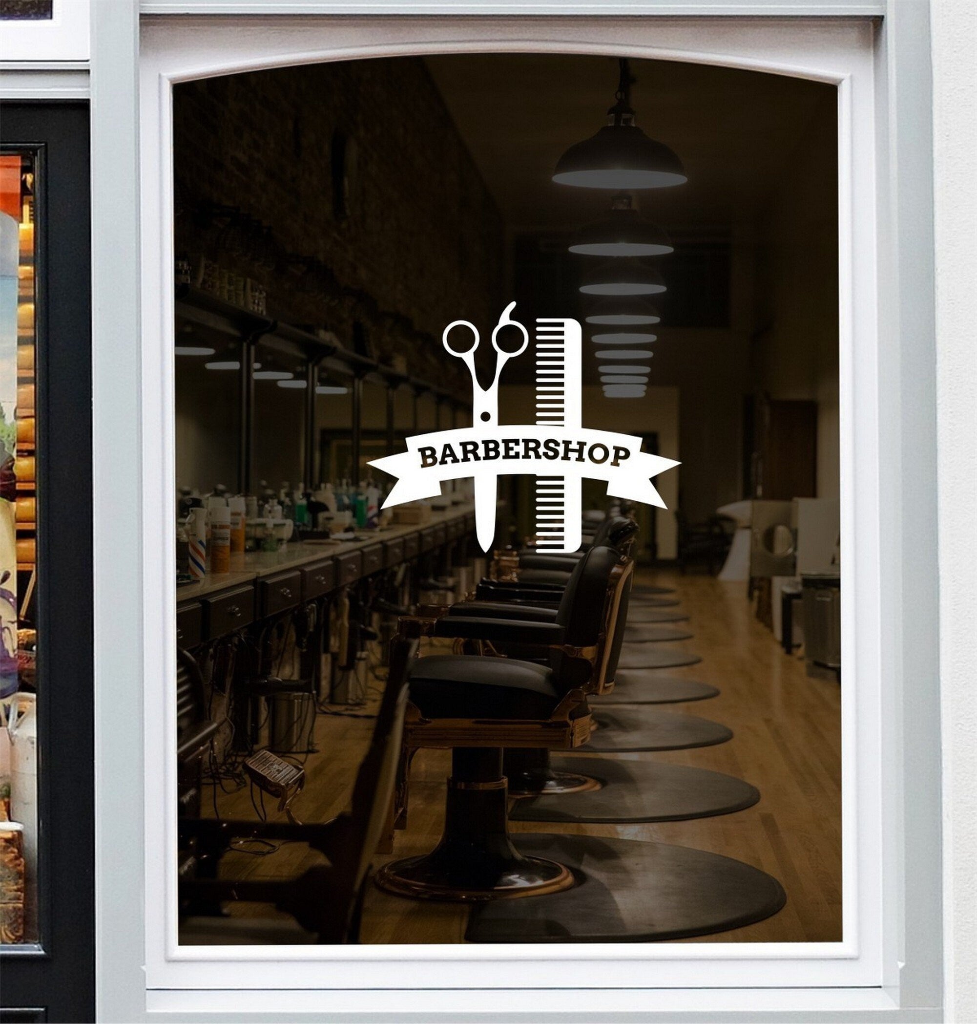 Traditional Barber Shop Window Sticker design on a white background