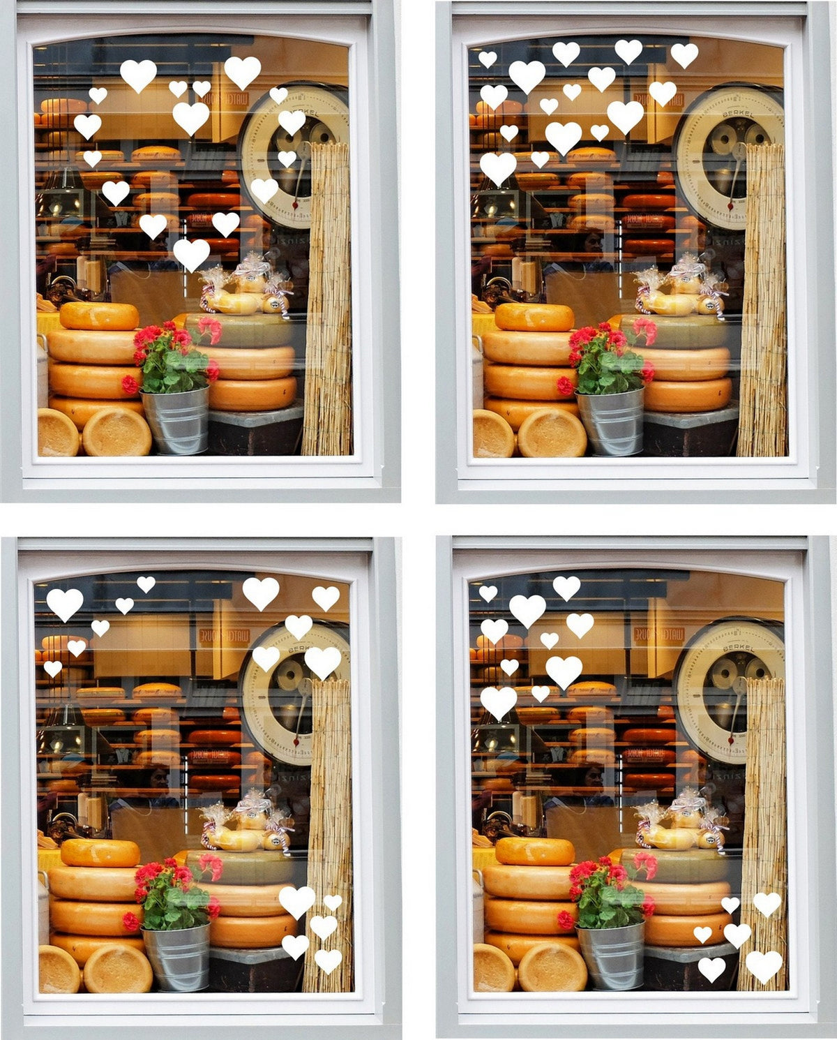 Valentine Heart Window Sticker Set – 16 Pack shown on a shop window