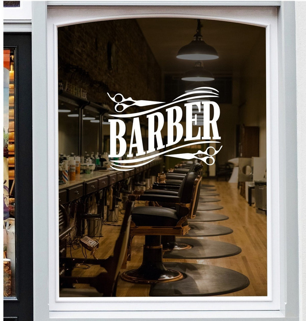 Traditional Barber Shop Window Sticker shown on a shop window