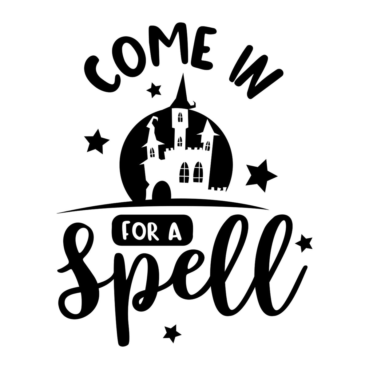 Black Come In for a Spell Halloween window sticker artwork with a haunted castle and stars on white.
