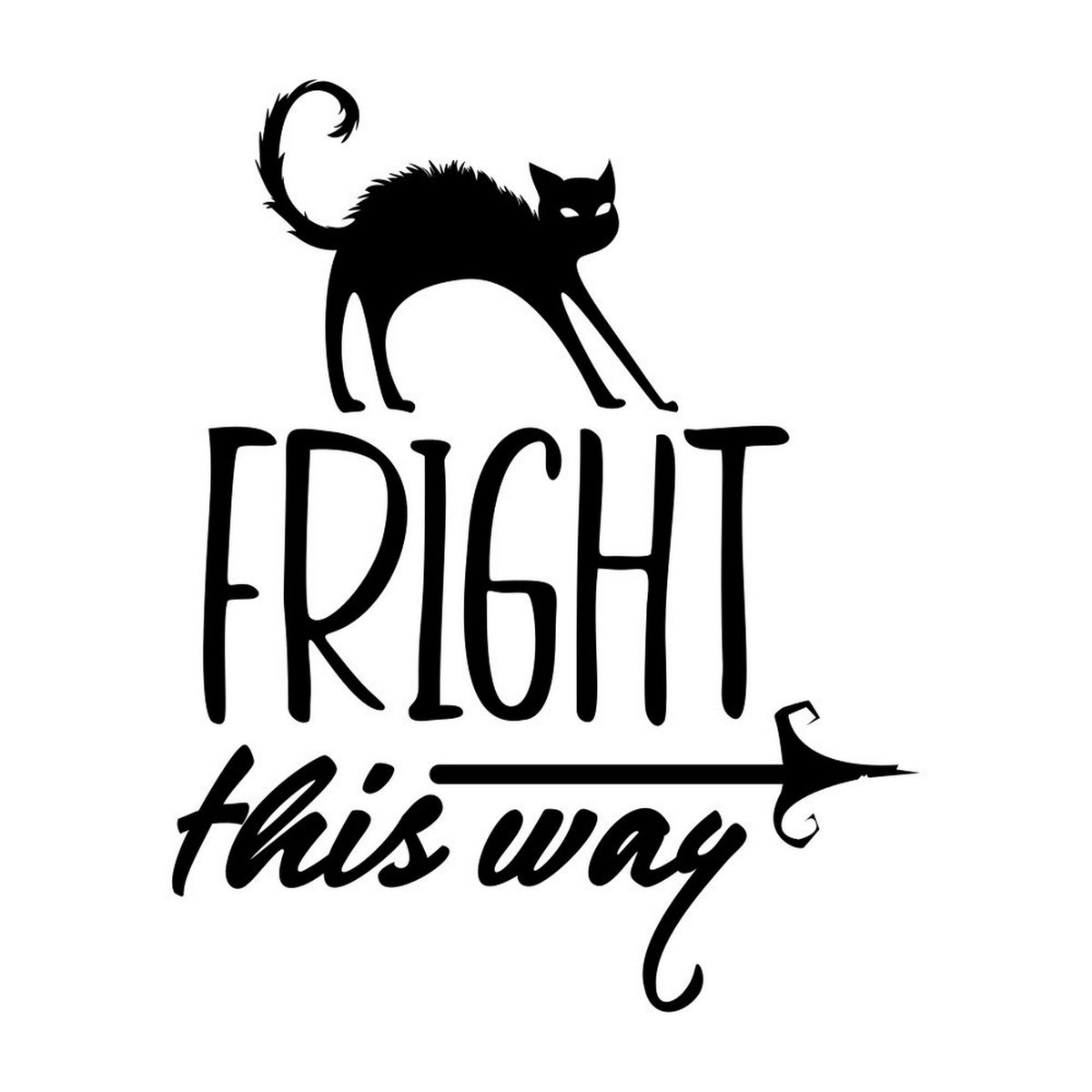 Black Fright This Way Halloween sticker artwork with an arched cat and pointing arrow on white.