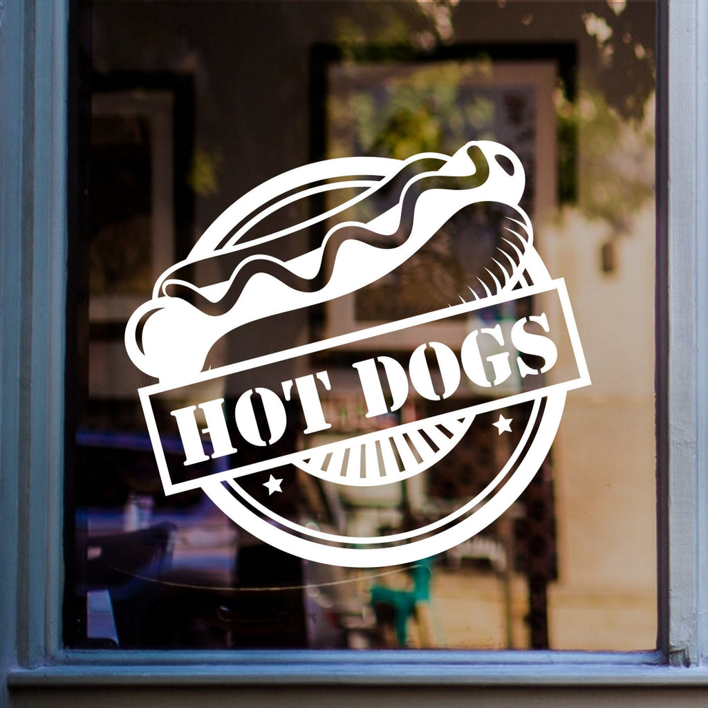 Hot Dogs Café Window Sticker displayed on a shop window