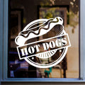 Hot Dogs Café Window Sticker displayed on a shop window