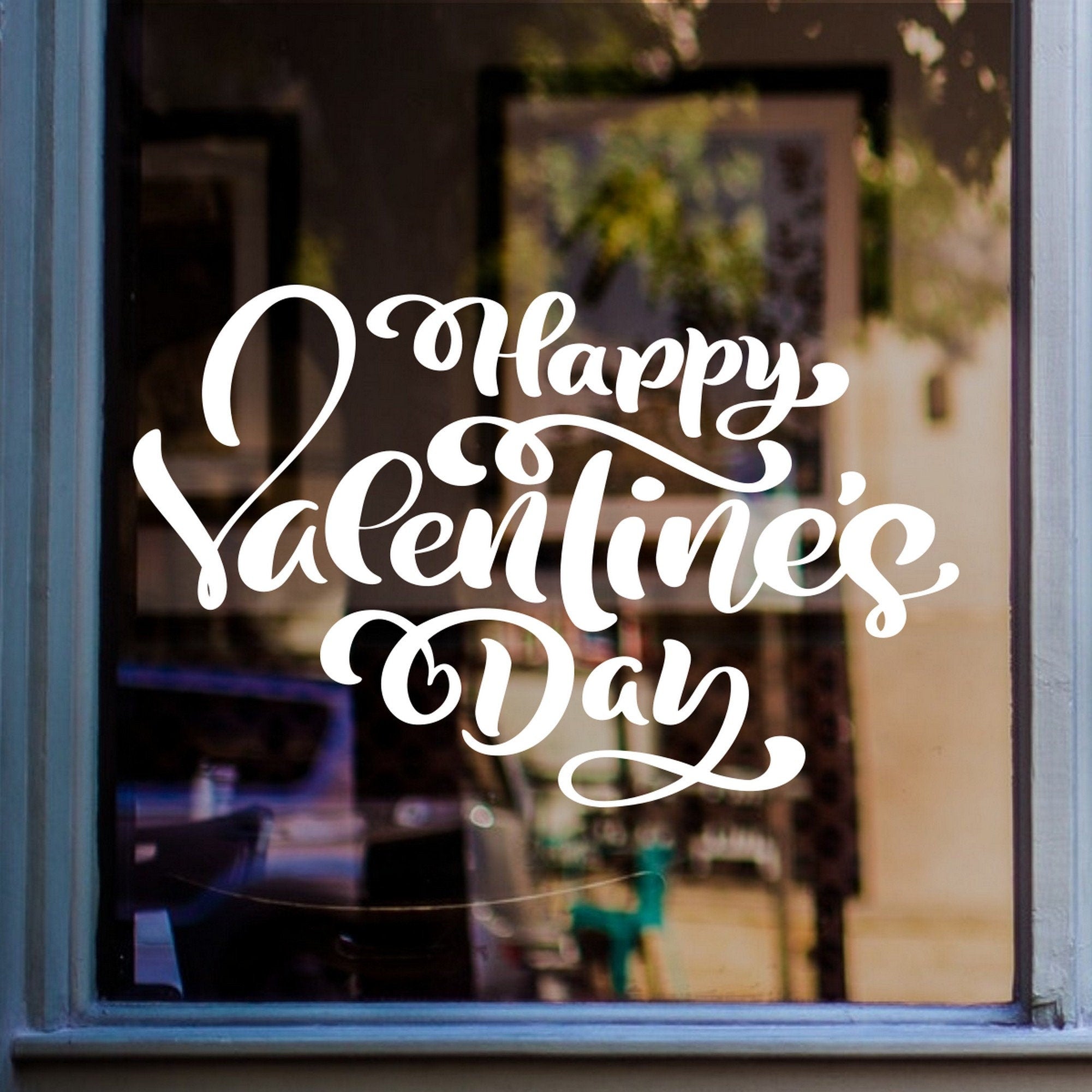 Happy Valentine’s Day Heart Script Window Sticker shown on a shop window