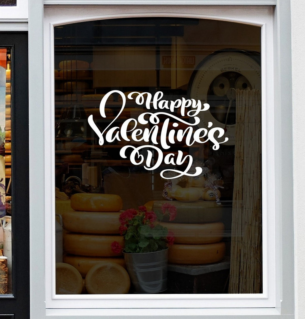 Happy Valentine’s Day Heart Script Window Sticker design on a white background