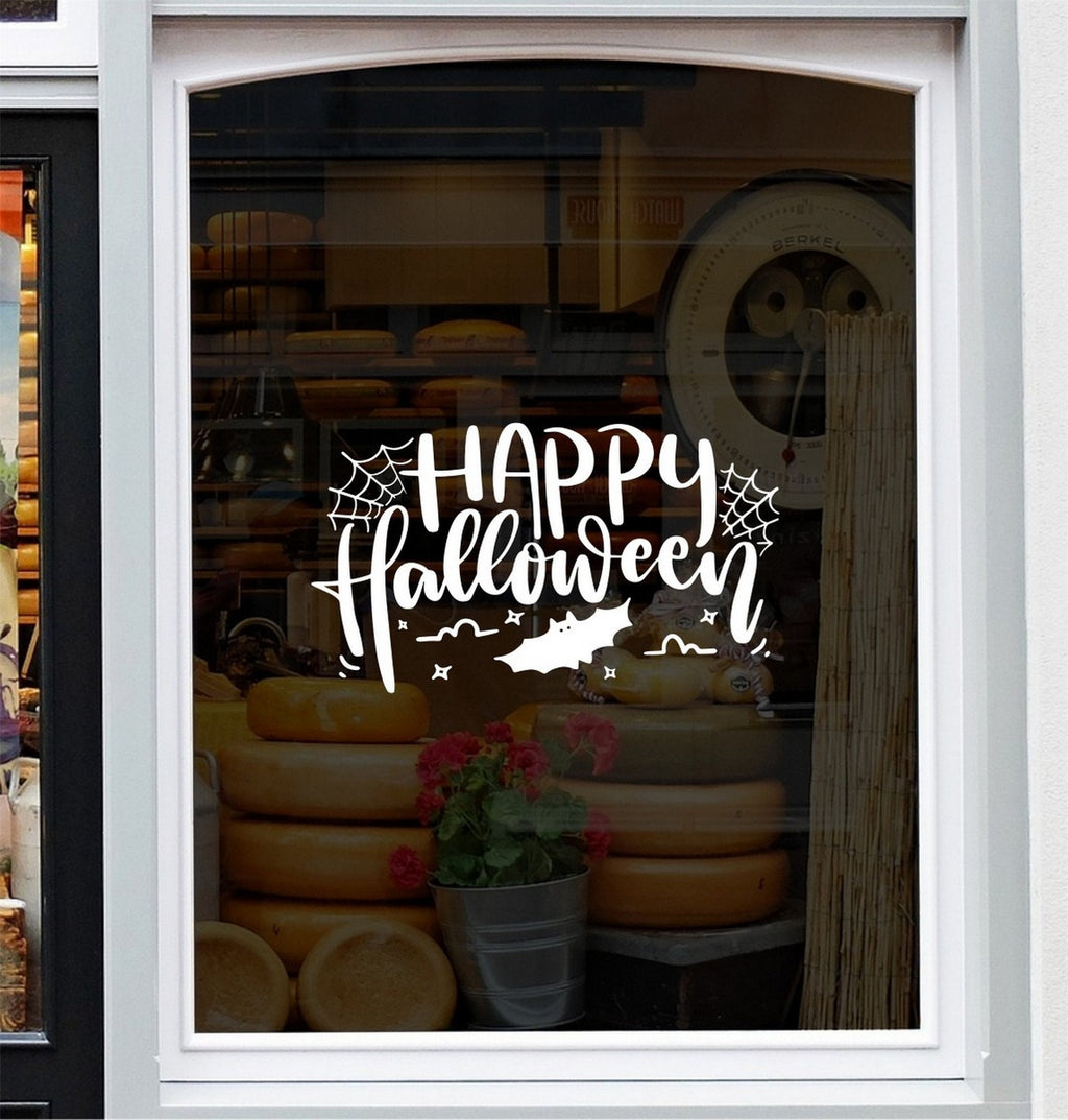 Happy Halloween Cobweb & Bats Window Sticker design on a white background