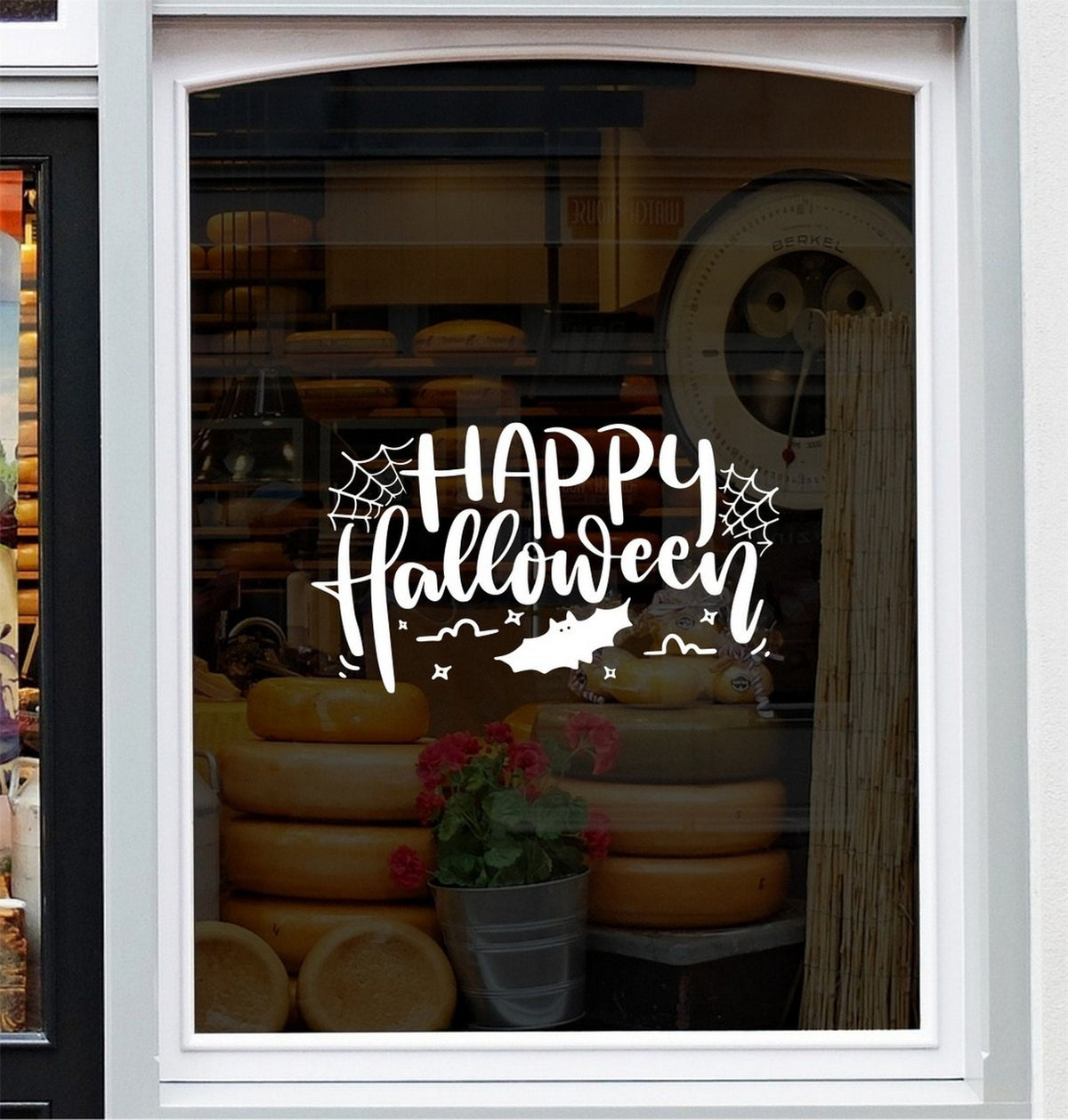 Happy Halloween Cobweb & Bats Window Sticker design on a white background