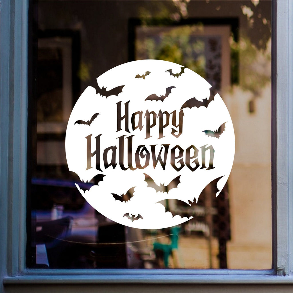 Happy Halloween Bats Window Sticker displayed on a window
