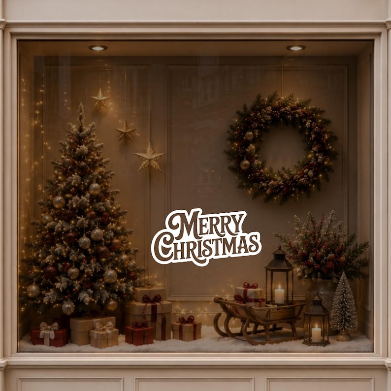 Merry Christmas window sticker displayed in a warm festive interior beside a decorated Christmas tree.
