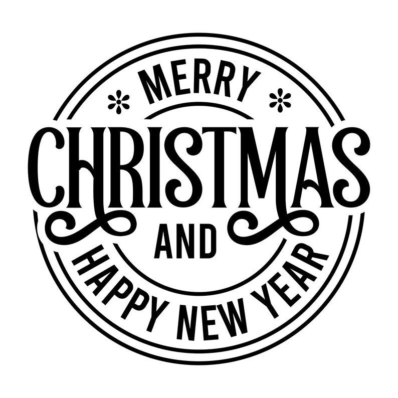 Merry Christmas vinyl window decal with stars and Happy New Year lettering.