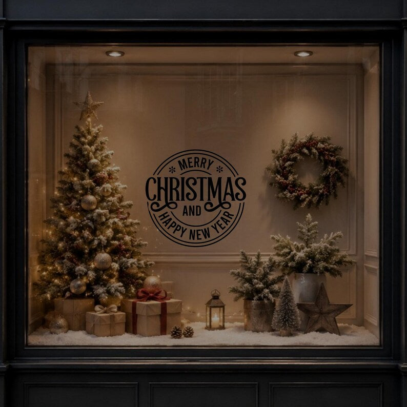 Merry Christmas vinyl decal shown on a dark Christmas shop window.