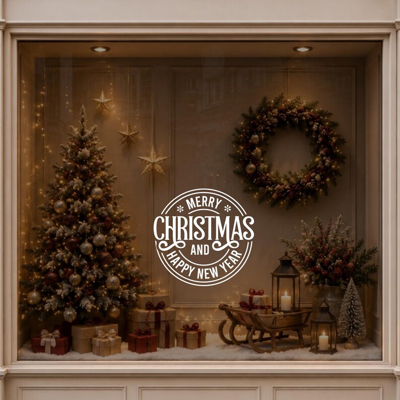 Merry Christmas window sticker displayed on a warmly decorated festive shop window.
