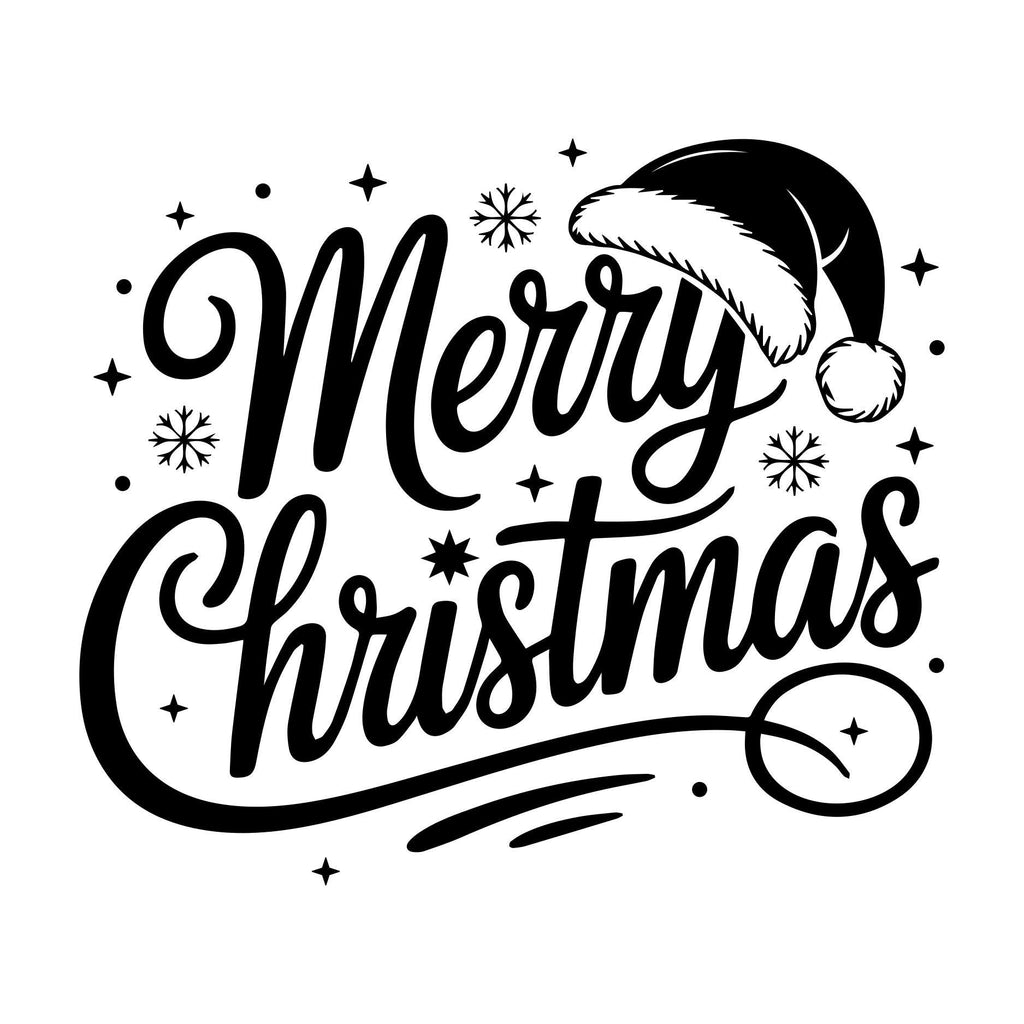 Merry Christmas vinyl decal design featuring a Santa hat, stars and flowing festive lettering.