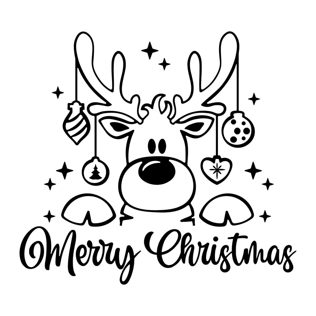 Merry Christmas vinyl decal design with three cute reindeer, antlers, baubles and decorative stars.